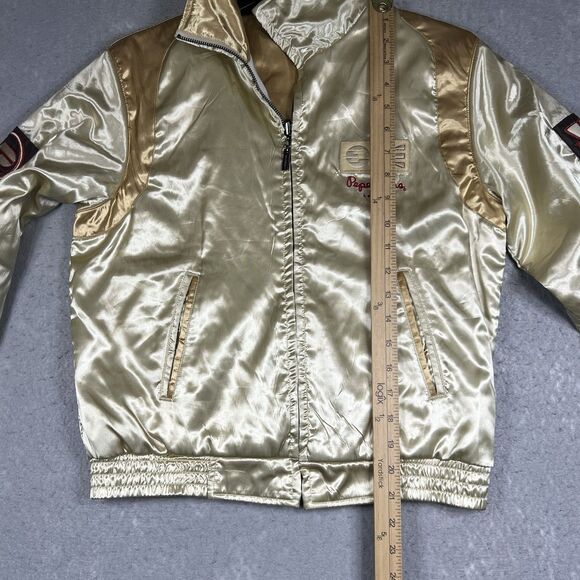 VTG Pepe Jeans London Bomber Varsity Jacket Reversible Gold Satin Women’s LARGE - Picture 5 of 15